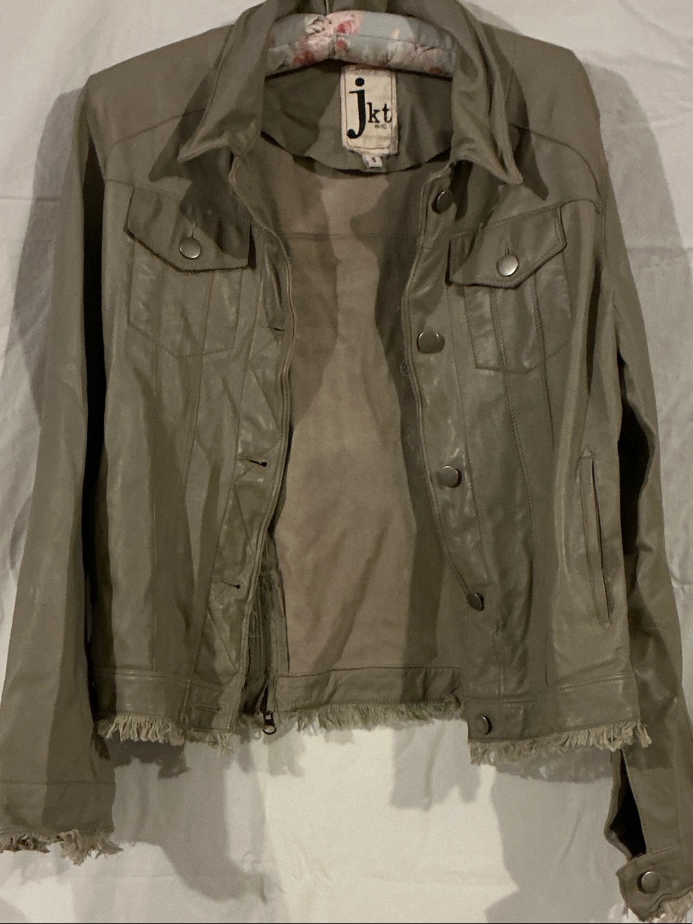 Jkt Taupe Leather Jacket with Frayed Hem